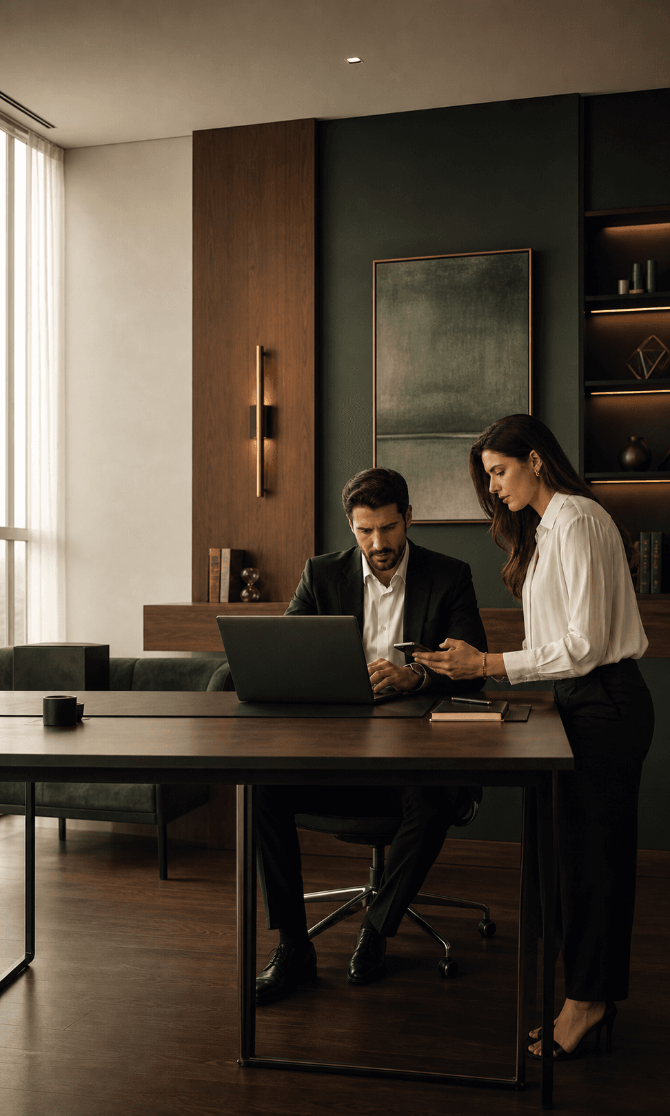 Profissionais de um escritório de advocacia trabalhando com notebook e celular