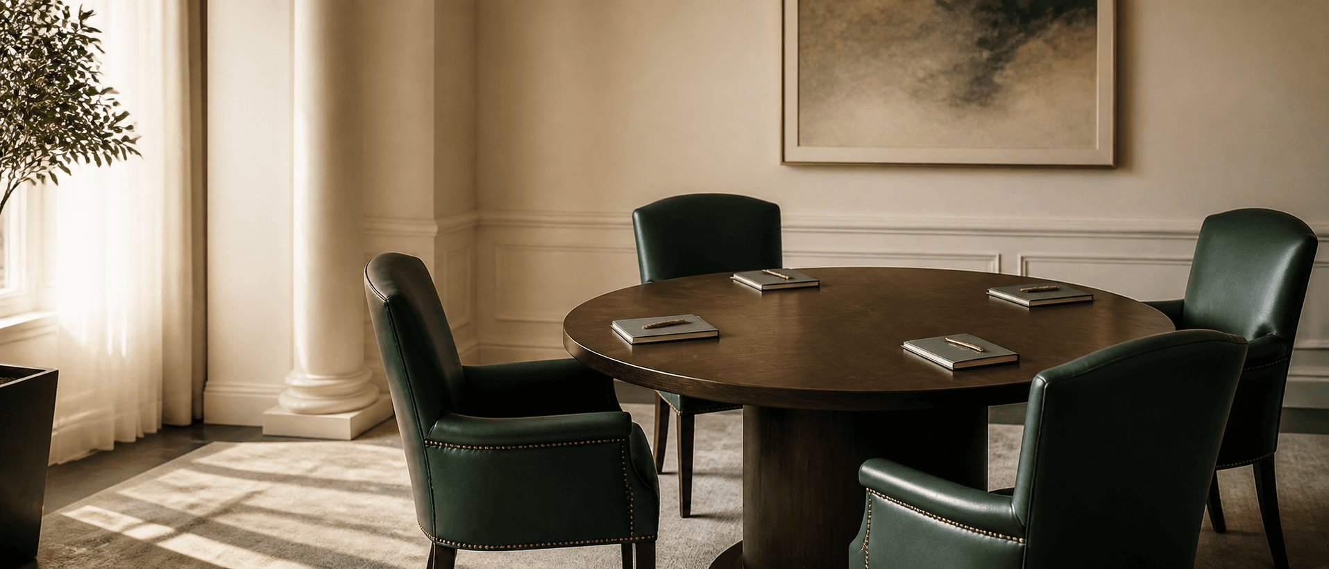 Mesa de reunião com exatamente quatro lugares preparados