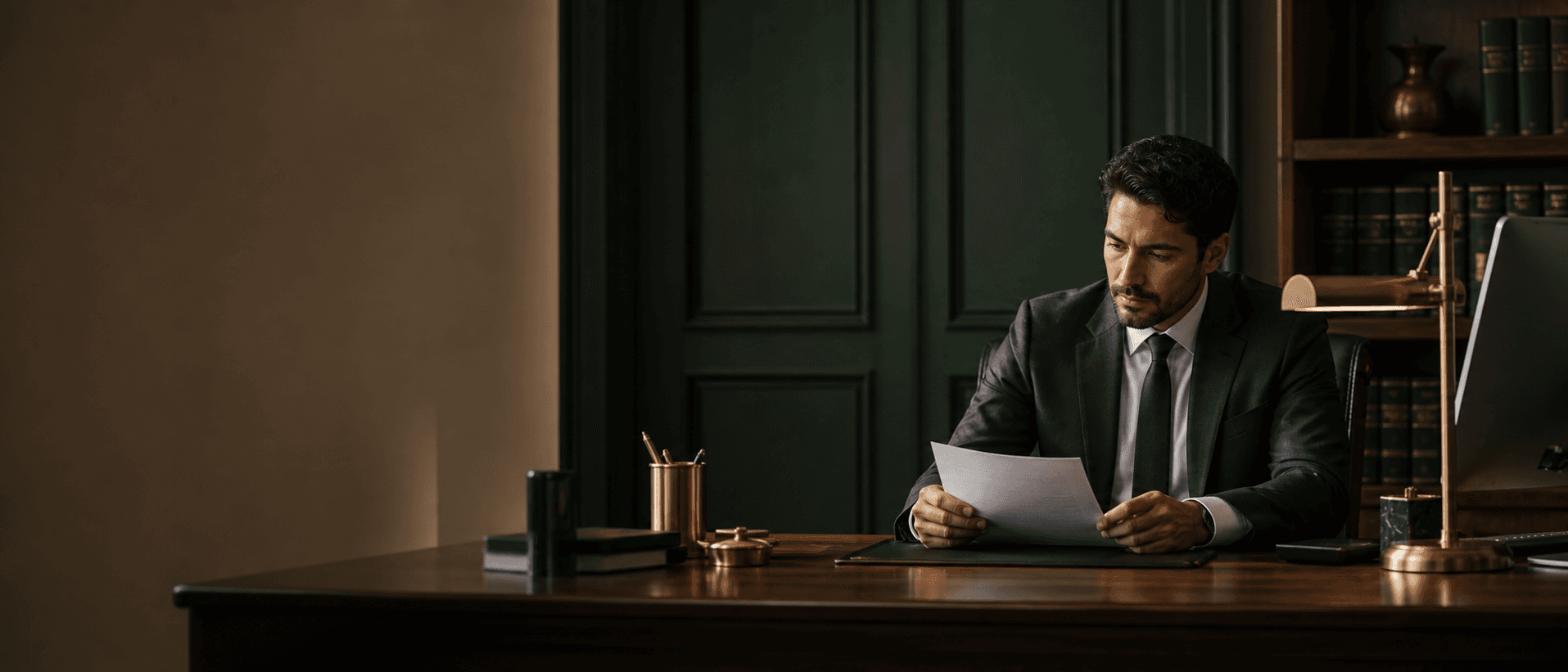 Advogado revisando um documento em seu gabinete